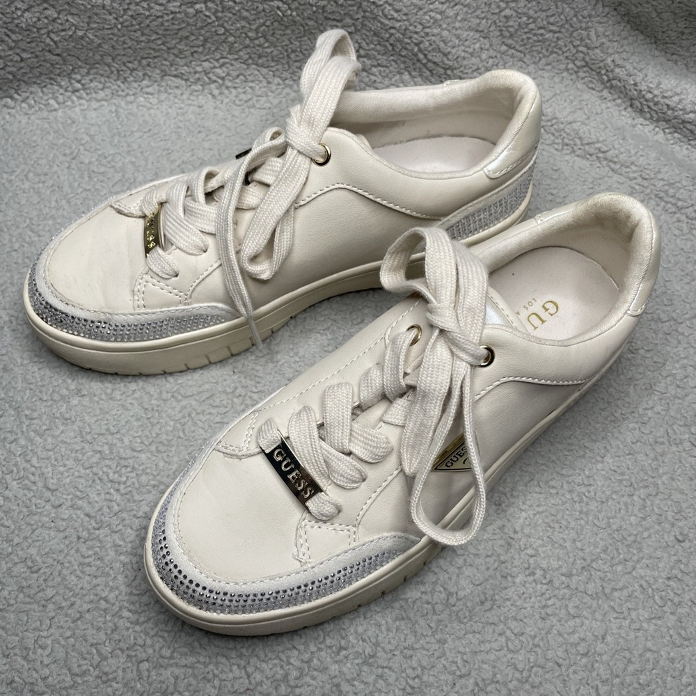 Guess Women's Platform Sneaker Off-White Size 6 Sparkle Lace-up Logo - Picture 2 of 12